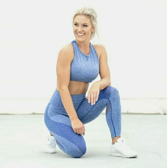 NEW - BLUE STRETCH MESH PANEL WORKOUT LEGGINGS - Picture 2 of 5